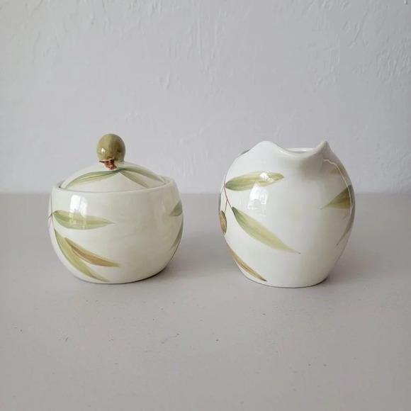 Nicoise by HOME Ceramic Sugar Bowl and Creamer Olive and Leaves Theme Set of 2 - Picture 4 of 7
